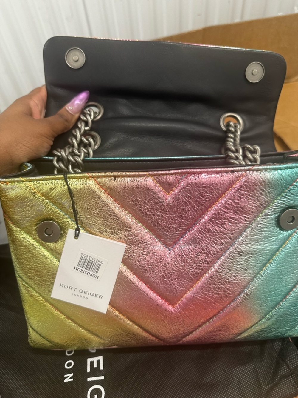Kurt Geiger Metallic Rainbow Quilted Shoulder Bag - Pink, Green & Gold - Picture 4 of 4